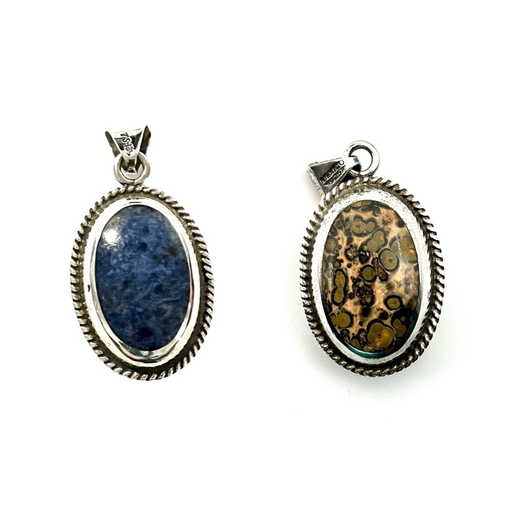 Vintage Stamped Taxco Mexican Silver Lapis/Leopardskin Agate Reversible Pendant